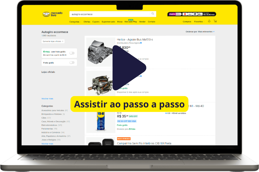 Notebook exibindo a loja oficial da Autogiro Ecommerce no Mercado Livre, com o botão para assistir ao passo a passo